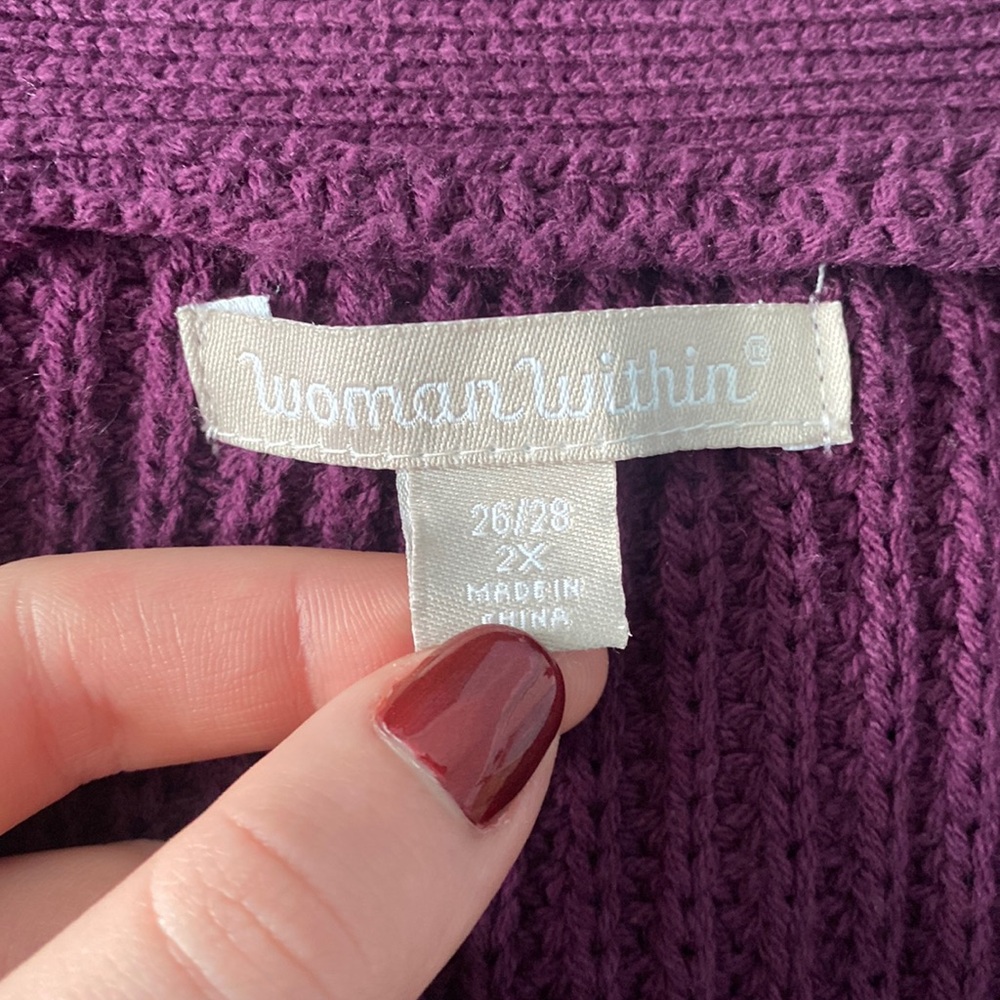 Woman Within 2X 26/28 Cable Knit Woven Purple Button Up Cardigan With Pockets - Picture 9 of 10